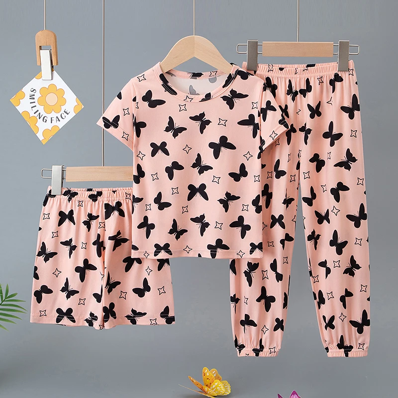 3-Piece Set of Children's Summer Short-Sleeved Shorts and Pants Combination for Boys and Girls Colorful Casual Printed Cute Suit