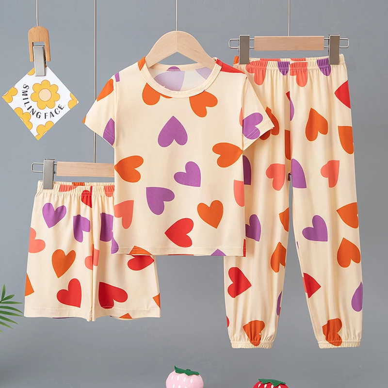 3-Piece Set of Children's Summer Short-Sleeved Shorts and Pants Combination for Boys and Girls Colorful Casual Printed Cute Suit