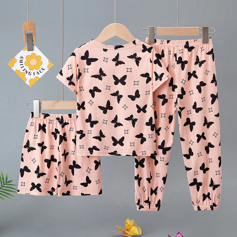 3-Piece Set of Children's Summer Short-Sleeved Shorts and Pants Combination for Boys and Girls Colorful Casual Printed Cute Suit