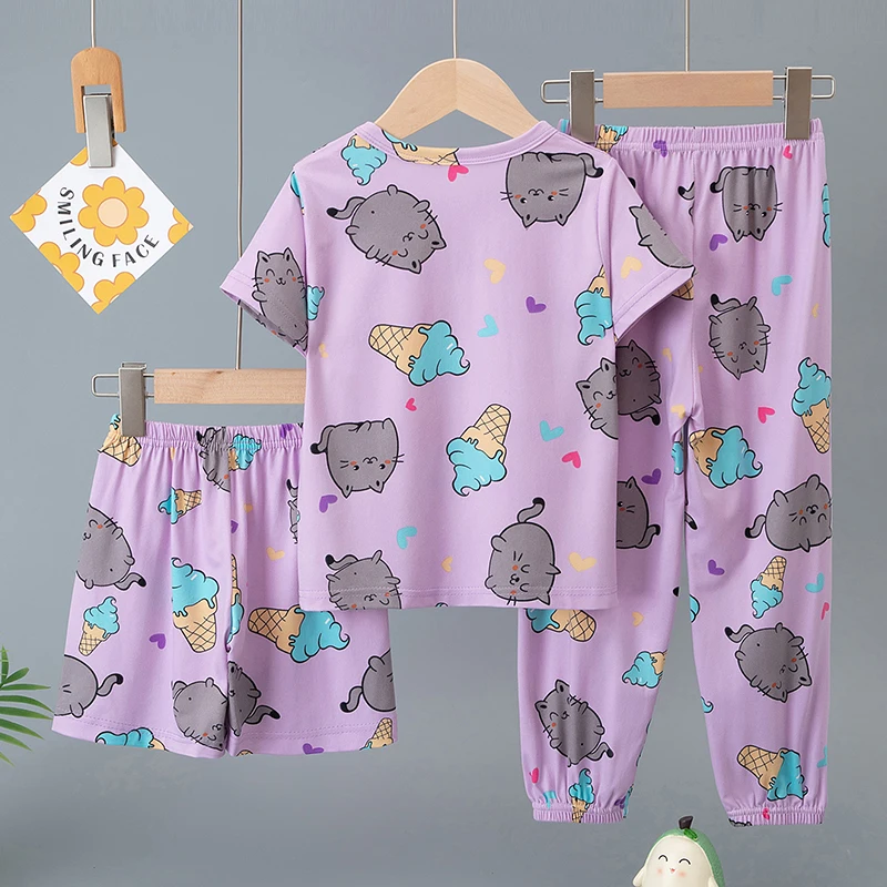 3-Piece Set of Children's Summer Short-Sleeved Shorts and Pants Combination for Boys and Girls Colorful Casual Printed Cute Suit