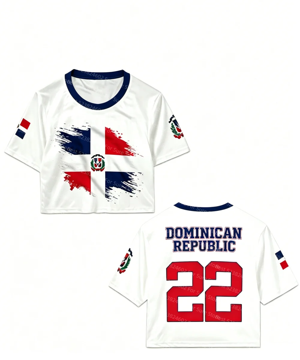 Women Dominican Republic Flag Print Crop T-shirt Casual Slim Short Sleeve Summer Streetwear Patriotic Women Y2K Aesthetic Tops
