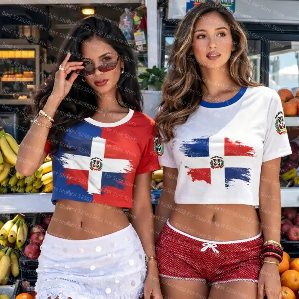 Women Dominican Republic Flag Print Crop T-shirt Casual Slim Short Sleeve Summer Streetwear Patriotic Women Y2K Aesthetic Tops