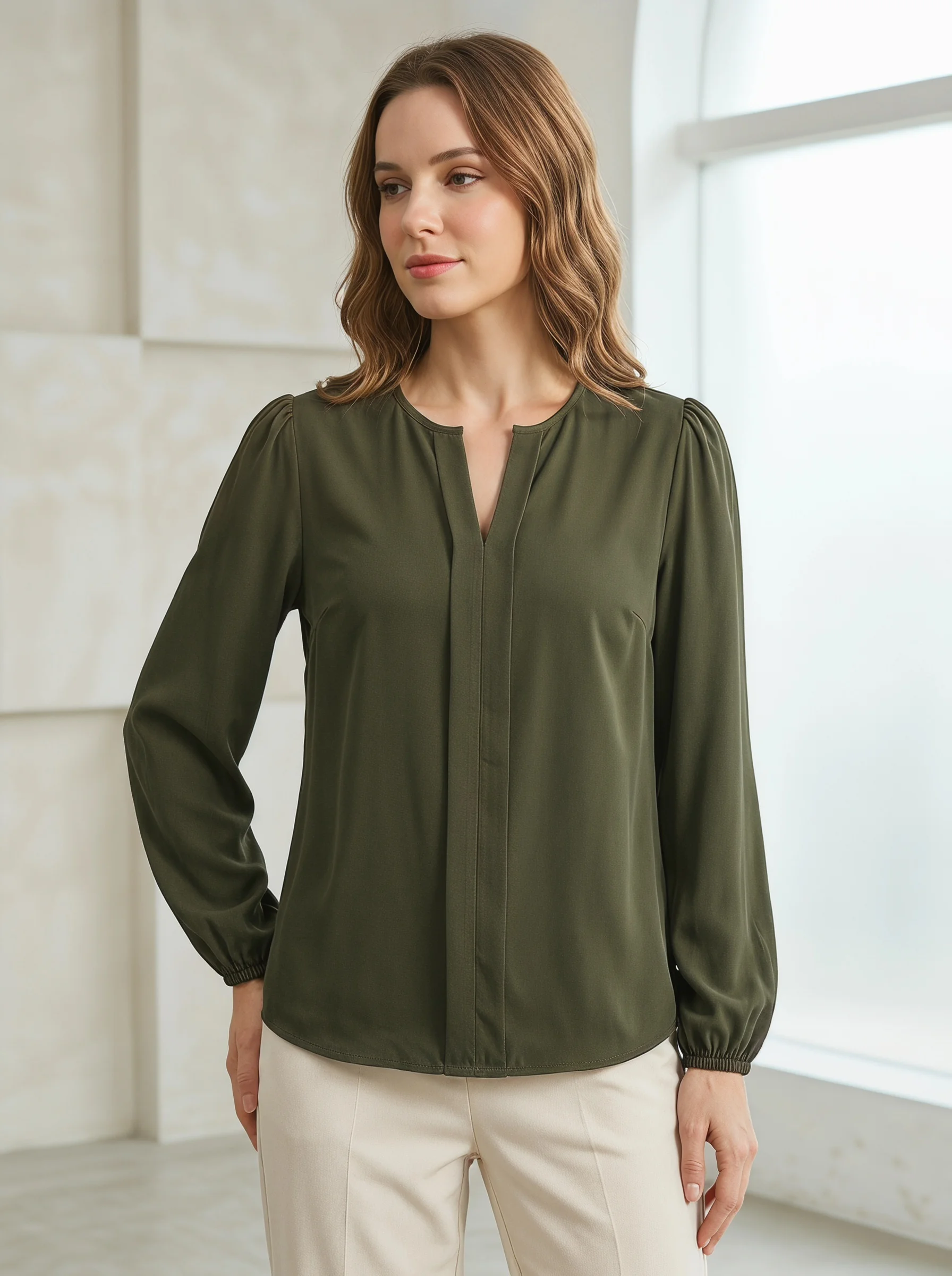 Gadinus Women Solid Color Round Neck Long Sleeve Blouse Loose Fit Casual Office Shirt Elegant Lantern Sleeve Top