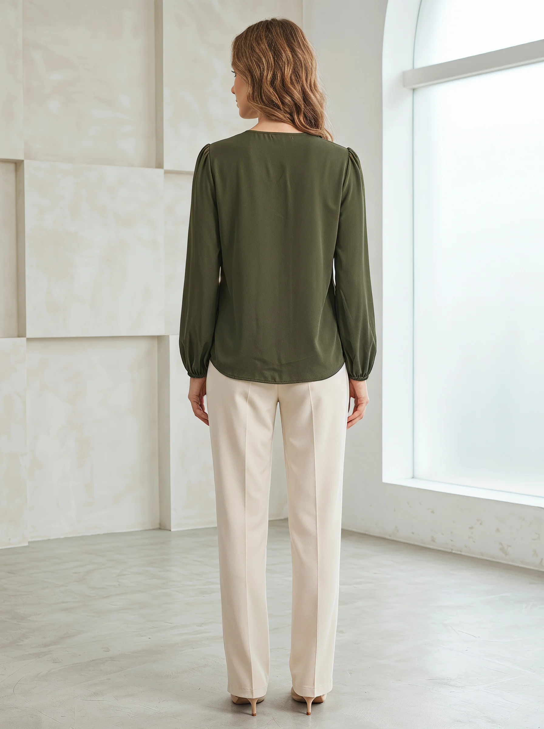 Gadinus Women Solid Color Round Neck Long Sleeve Blouse Loose Fit Casual Office Shirt Elegant Lantern Sleeve Top