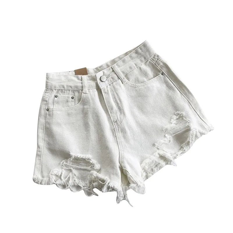 Women High Waist Ripped Denim Shorts Korean Y2K Streetwear Tassel Pocket Summer Casual Blue Jeans Pants Fashion Street Trousers