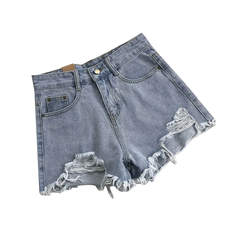 Women High Waist Ripped Denim Shorts Korean Y2K Streetwear Tassel Pocket Summer Casual Blue Jeans Pants Fashion Street Trousers
