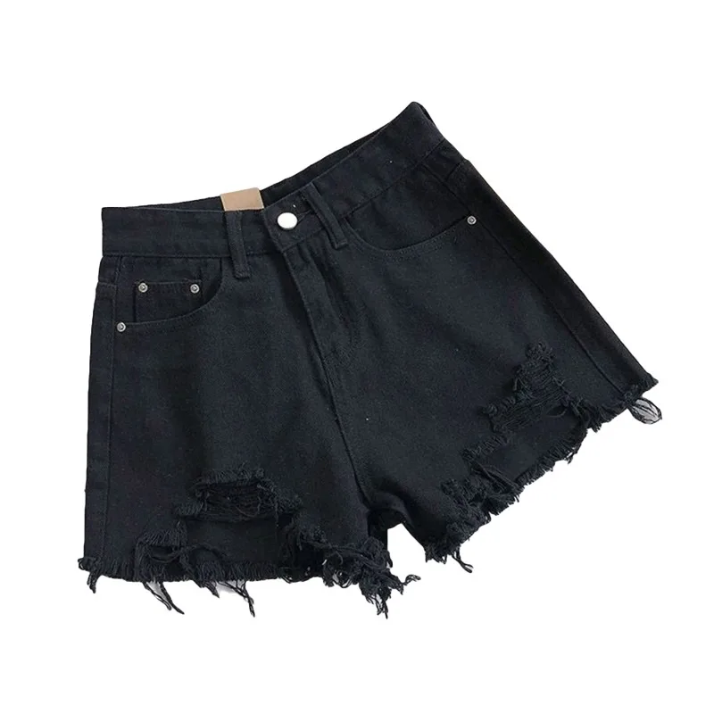 Women High Waist Ripped Denim Shorts Korean Y2K Streetwear Tassel Pocket Summer Casual Blue Jeans Pants Fashion Street Trousers