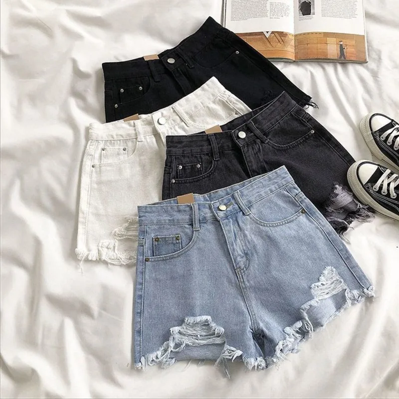 Women High Waist Ripped Denim Shorts Korean Y2K Streetwear Tassel Pocket Summer Casual Blue Jeans Pants Fashion Street Trousers