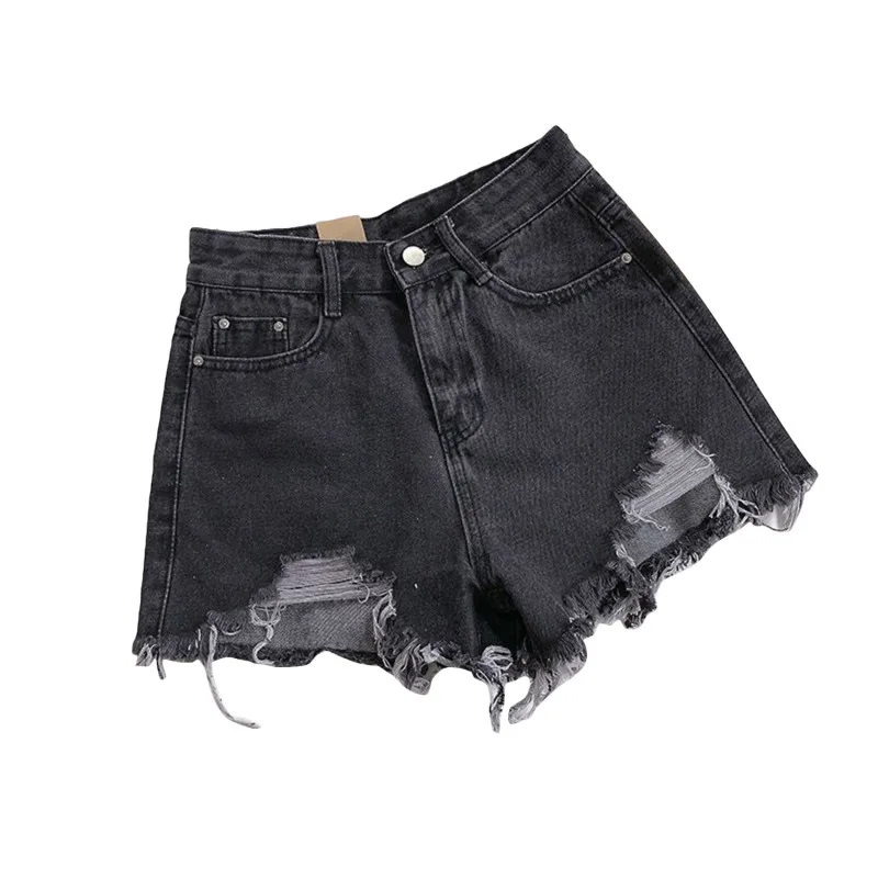 Women High Waist Ripped Denim Shorts Korean Y2K Streetwear Tassel Pocket Summer Casual Blue Jeans Pants Fashion Street Trousers