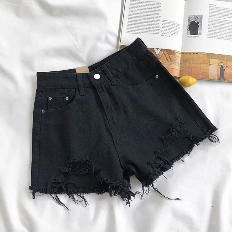 Women High Waist Ripped Denim Shorts Korean Y2K Streetwear Tassel Pocket Summer Casual Blue Jeans Pants Fashion Street Trousers