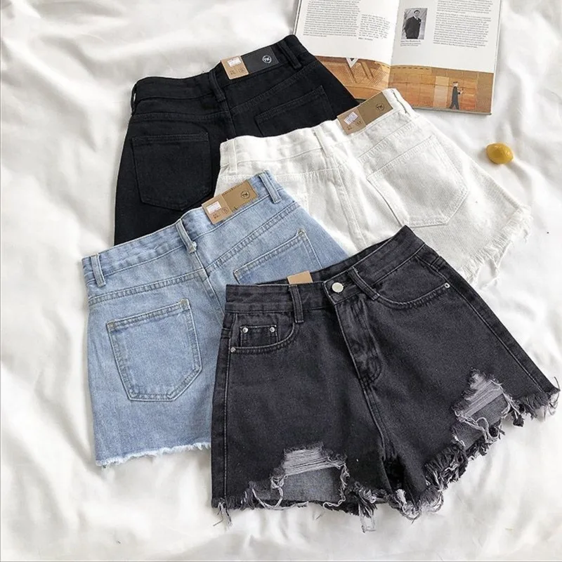 Women High Waist Ripped Denim Shorts Korean Y2K Streetwear Tassel Pocket Summer Casual Blue Jeans Pants Fashion Street Trousers