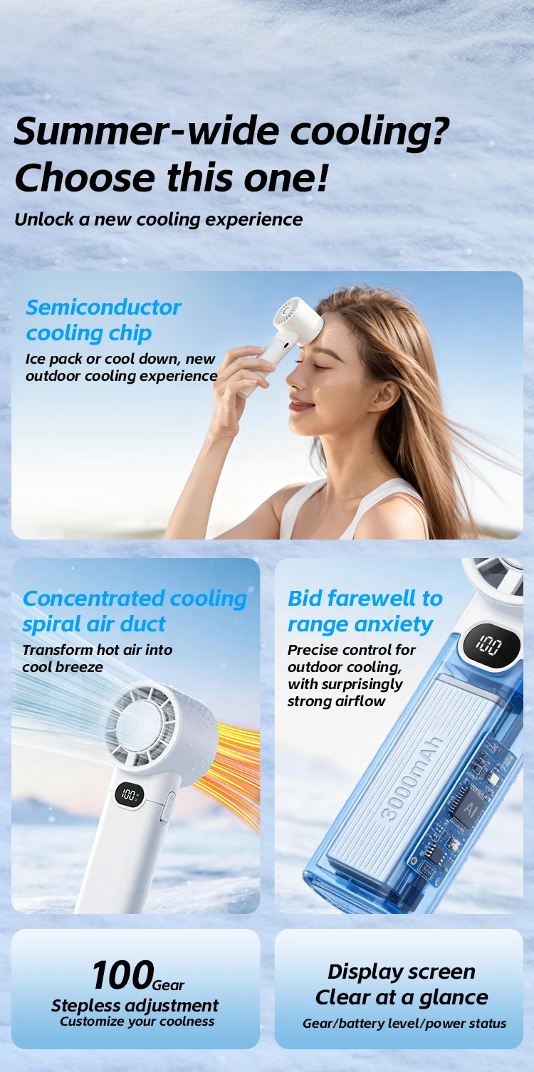 KINSCOTER New Portable Cooling Handheld Fan 3000mAh Mini Rechargeable Fan 100 Wind Speed Adjustable for Home Office Outdoor