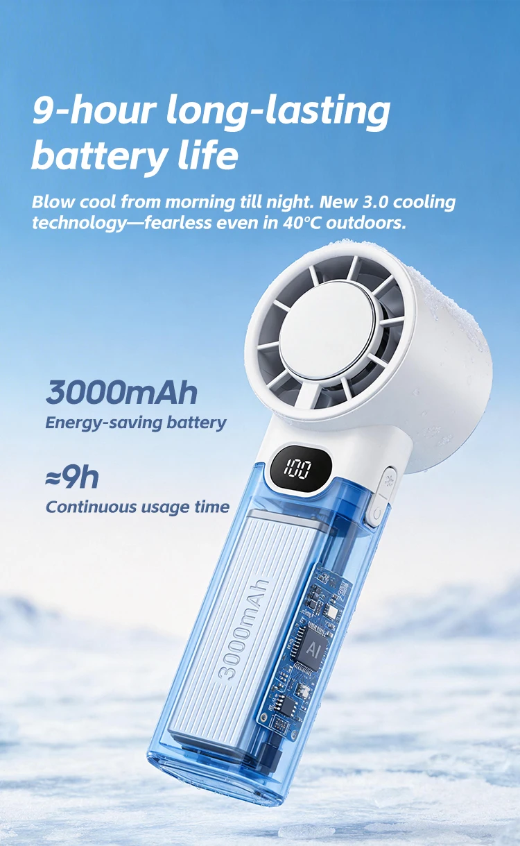 KINSCOTER New Portable Cooling Handheld Fan 3000mAh Mini Rechargeable Fan 100 Wind Speed Adjustable for Home Office Outdoor