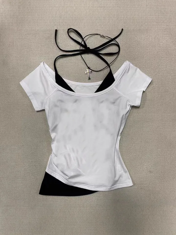 Women 2-in-1 Off Shoulder Halter Top Y2K Slim Fit Layered Short Sleeve T-Shirt Streetwear 2026