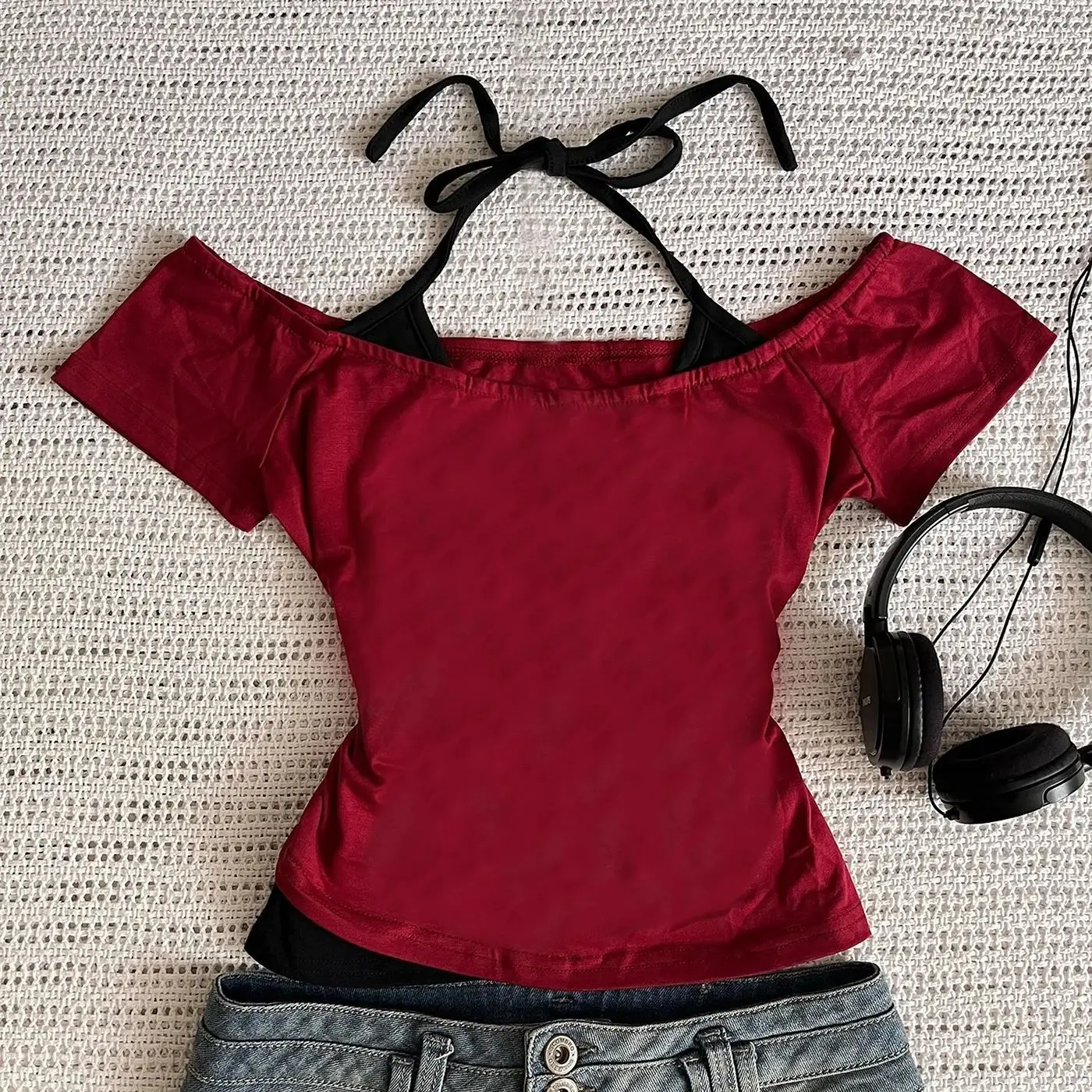 Women 2-in-1 Off Shoulder Halter Top Y2K Slim Fit Layered Short Sleeve T-Shirt Streetwear 2026