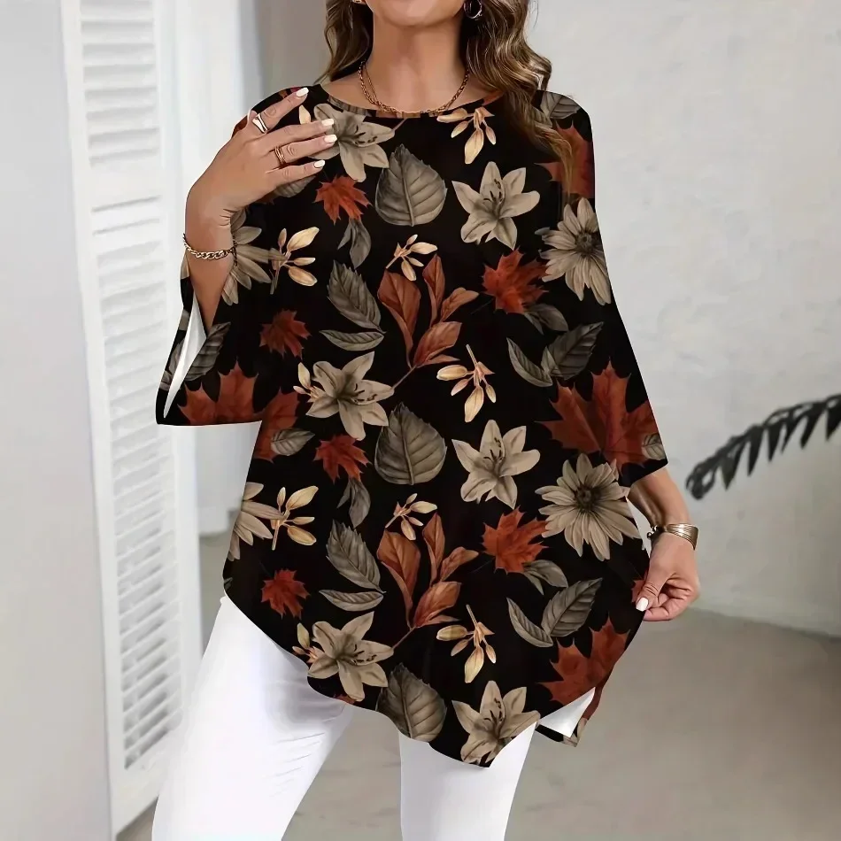 New Round Neck Plant Floral Seven Quarter Sleeved Top Loose and Elegant Plus Size Temperament Short Sleeved T-shirt Commute