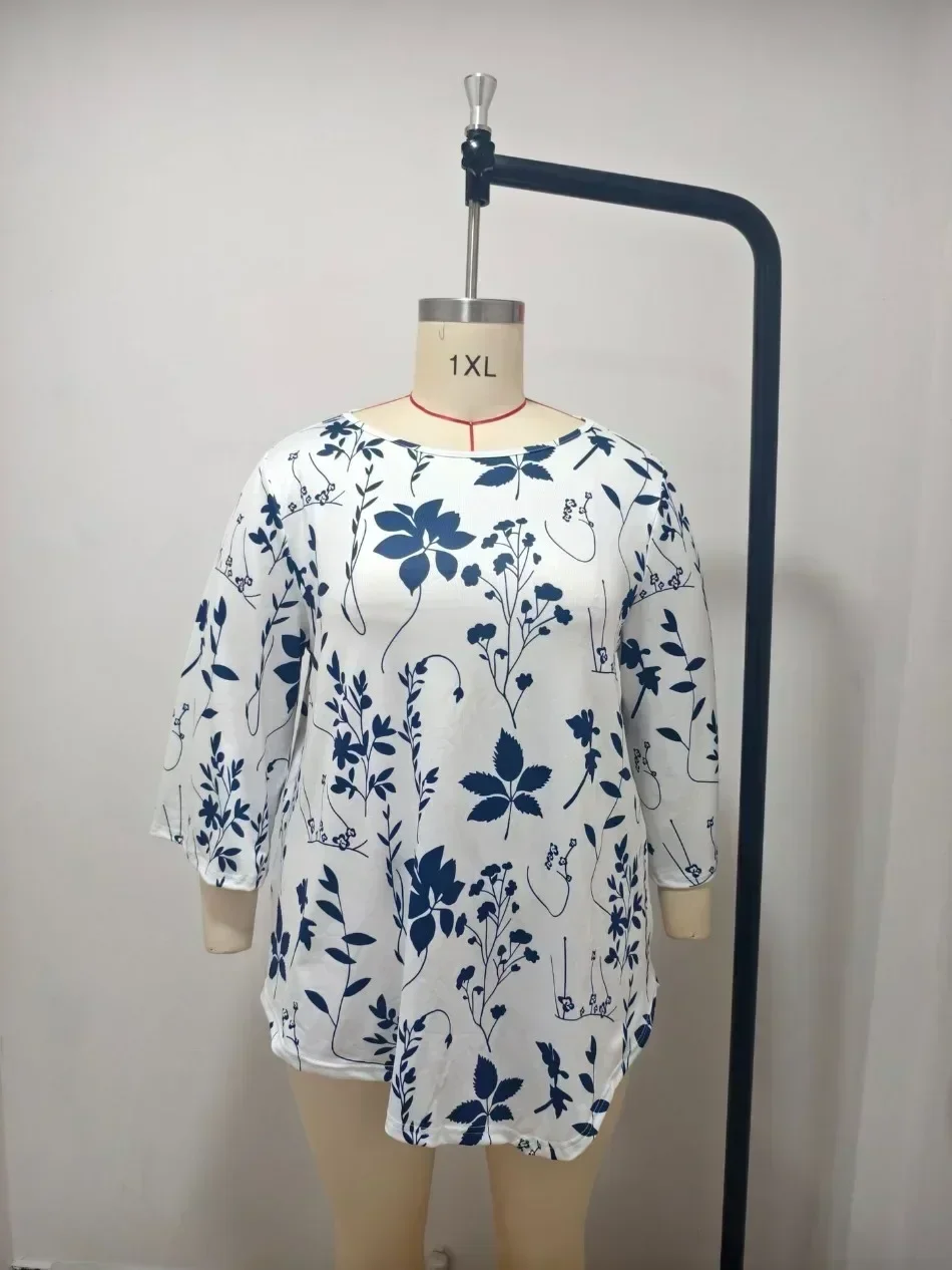 New Round Neck Plant Floral Seven Quarter Sleeved Top Loose and Elegant Plus Size Temperament Short Sleeved T-shirt Commute