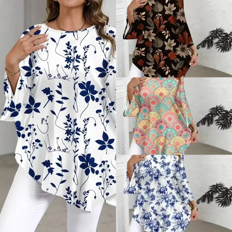 New Round Neck Plant Floral Seven Quarter Sleeved Top Loose and Elegant Plus Size Temperament Short Sleeved T-shirt Commute