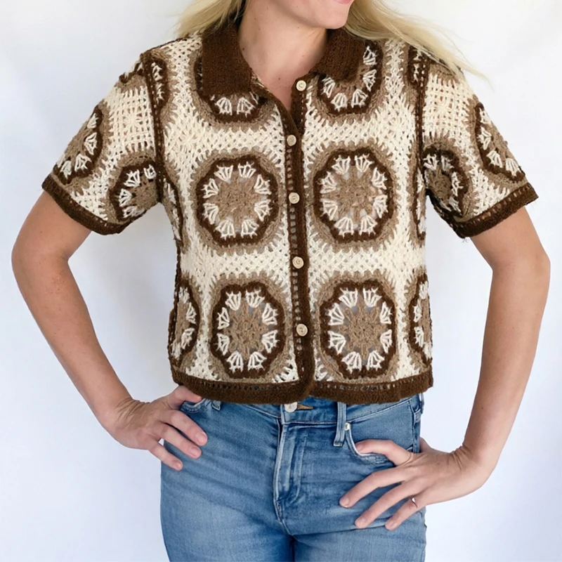 Short Sleeve Button Up Crochet Top Boho Chic Open Knitted Floral Lace Blouse Shirt for Women Summer Beach Cover-up Resort Wear