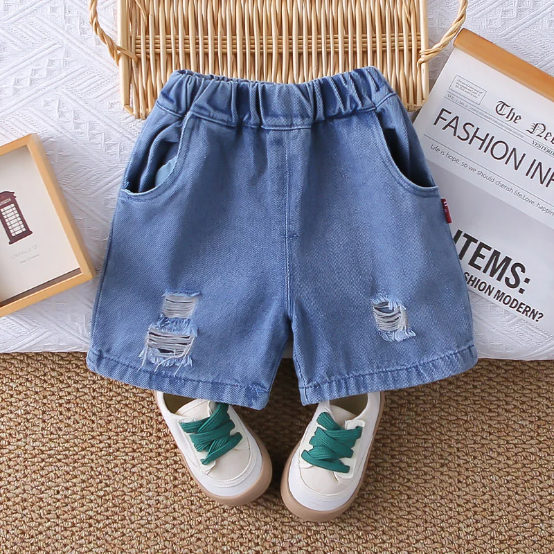 Toddler Baby Boys 2Pcs Summer Outfit 3D Plush Bear Rainbow Print T Shirt Ripped Roll Cuff Denim Shorts Daily Clothes Set