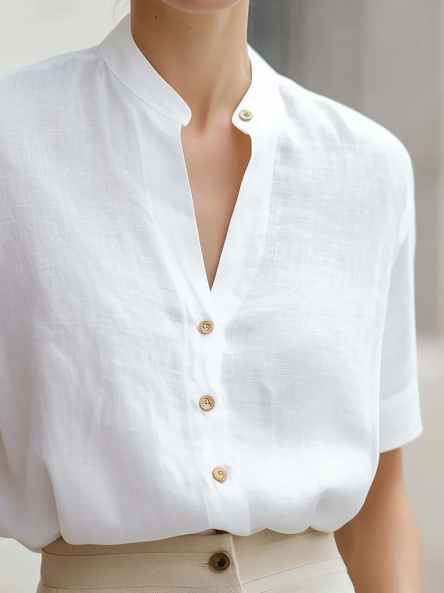 Women's Short Sleeve Button Down Shirt Stand Collar V Neck Blouse Linen Look Top Casual Office Wear Summer Fashion