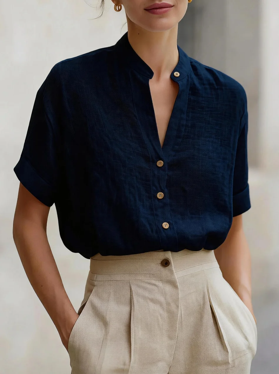Women's Short Sleeve Button Down Shirt Stand Collar V Neck Blouse Linen Look Top Casual Office Wear Summer Fashion