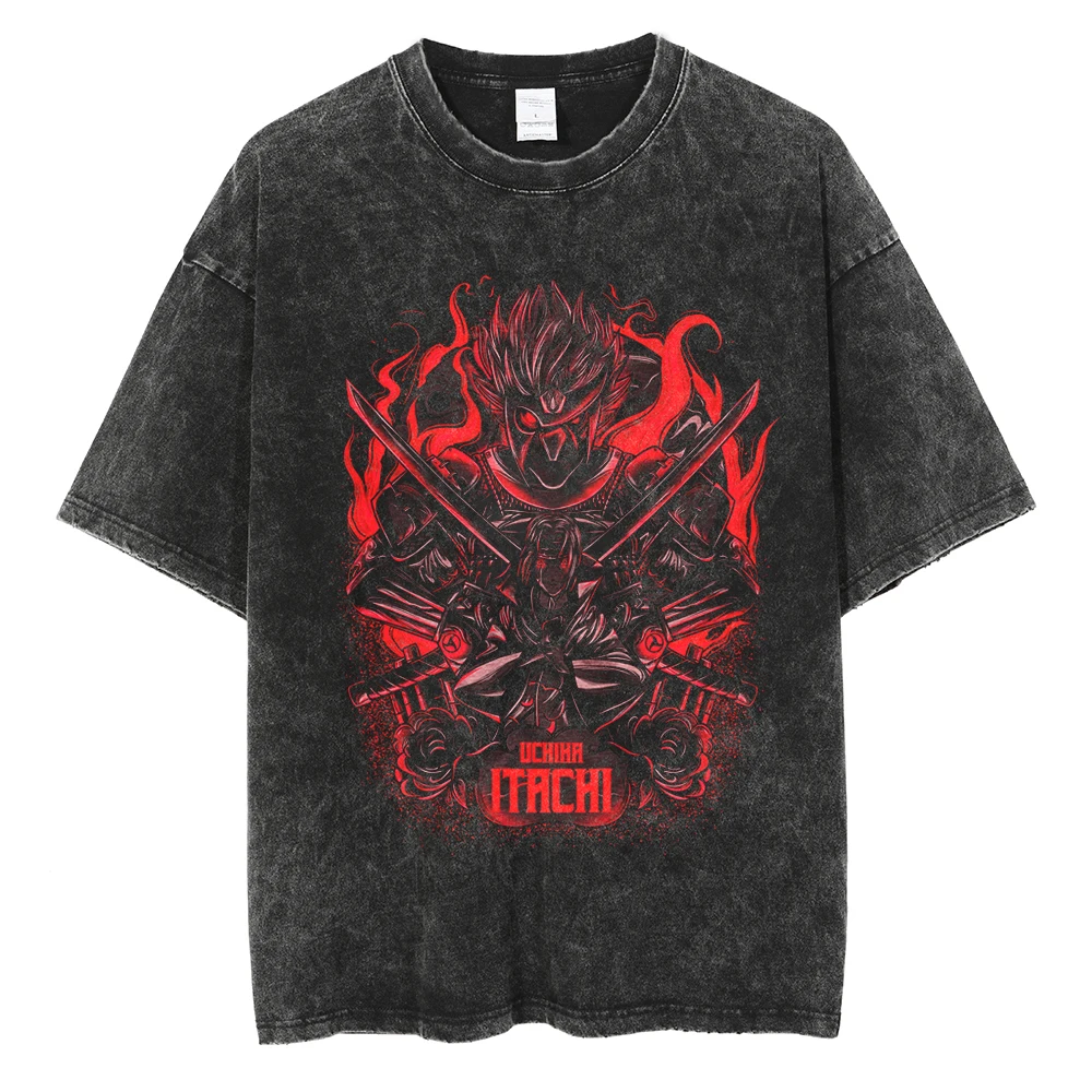 Men Washed TShirt Harajuku Streetwear Hip Hop Japanese Anime Naruto Graphic T Shirts Cotton Summer Short Sleeve Vintage Tops