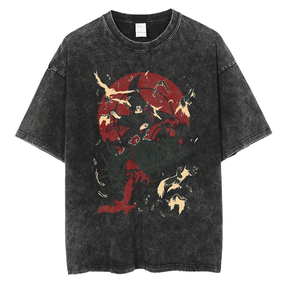 Men Washed TShirt Harajuku Streetwear Hip Hop Japanese Anime Naruto Graphic T Shirts Cotton Summer Short Sleeve Vintage Tops