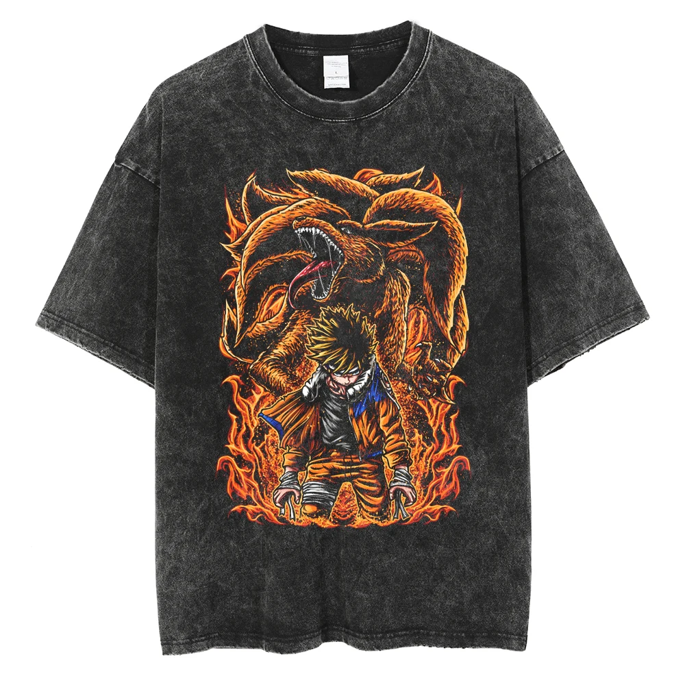 Men Washed TShirt Harajuku Streetwear Hip Hop Japanese Anime Naruto Graphic T Shirts Cotton Summer Short Sleeve Vintage Tops