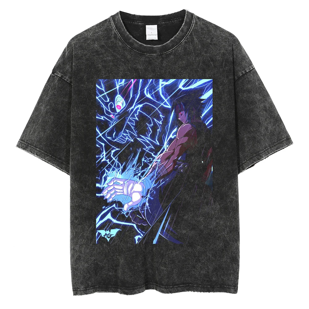 Men Washed TShirt Harajuku Streetwear Hip Hop Japanese Anime Naruto Graphic T Shirts Cotton Summer Short Sleeve Vintage Tops