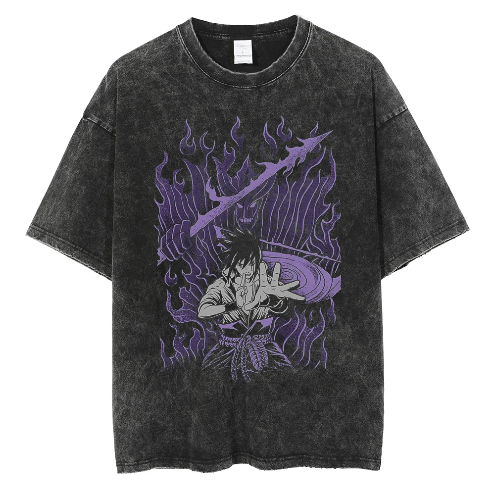 Men Washed TShirt Harajuku Streetwear Hip Hop Japanese Anime Naruto Graphic T Shirts Cotton Summer Short Sleeve Vintage Tops