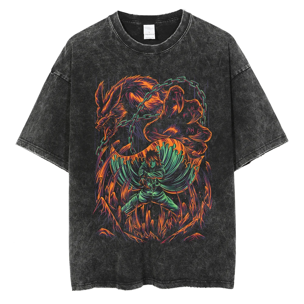 Men Washed TShirt Harajuku Streetwear Hip Hop Japanese Anime Naruto Graphic T Shirts Cotton Summer Short Sleeve Vintage Tops