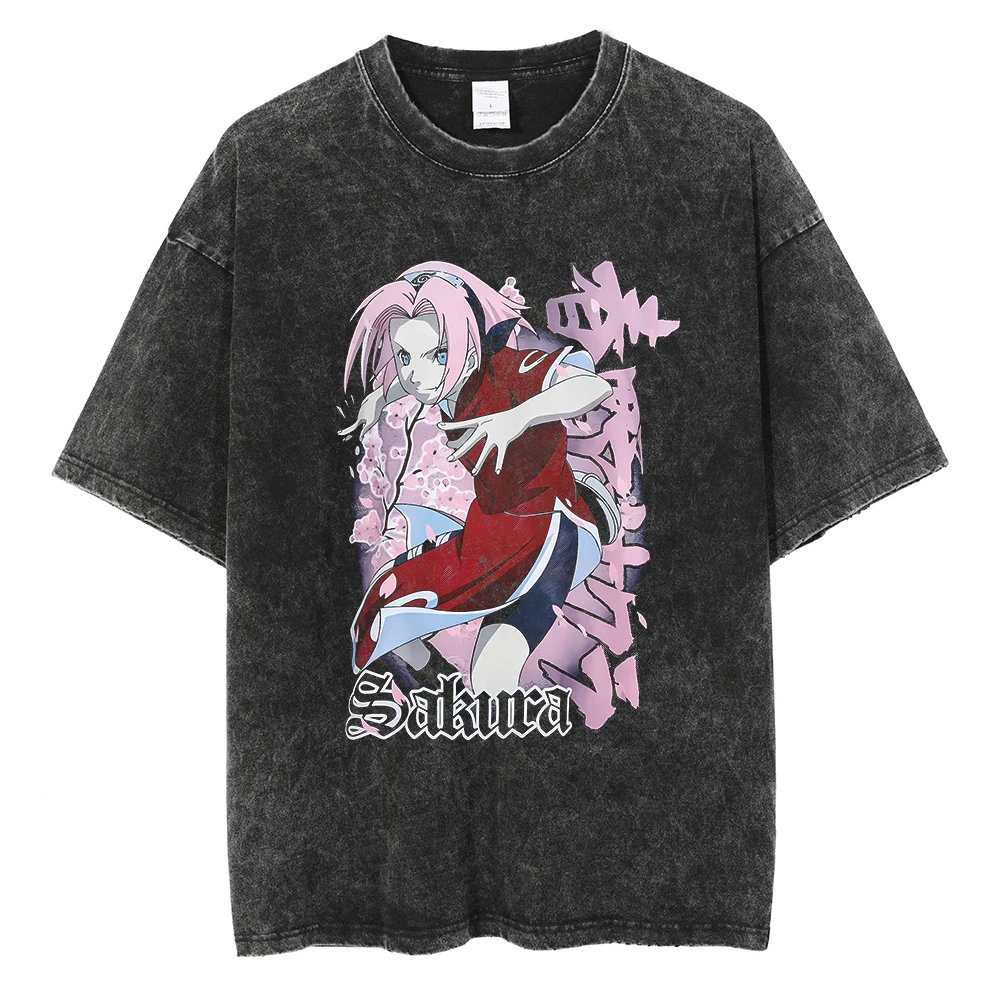 Men Washed TShirt Harajuku Streetwear Hip Hop Japanese Anime Naruto Graphic T Shirts Cotton Summer Short Sleeve Vintage Tops