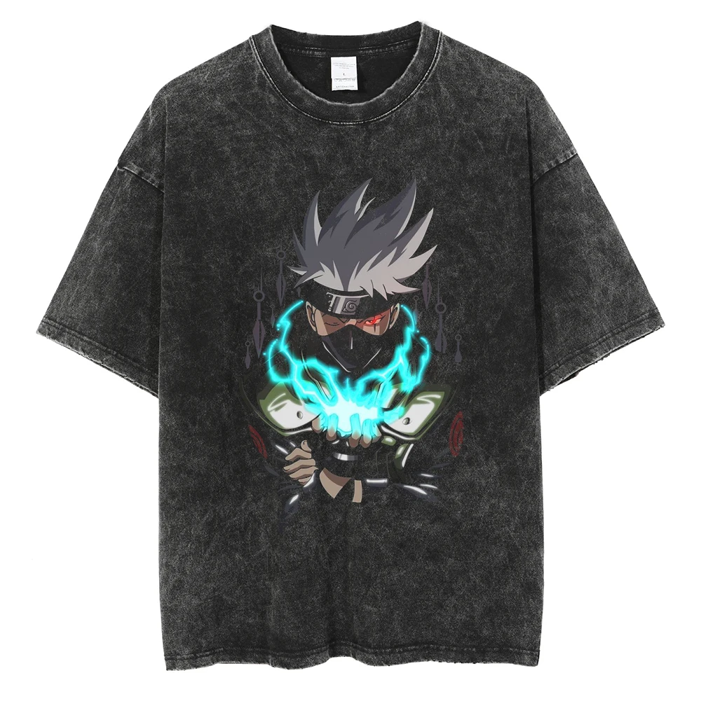 Men Washed TShirt Harajuku Streetwear Hip Hop Japanese Anime Naruto Graphic T Shirts Cotton Summer Short Sleeve Vintage Tops