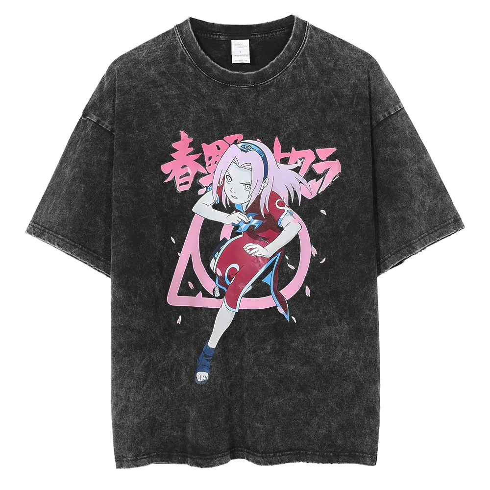 Men Washed TShirt Harajuku Streetwear Hip Hop Japanese Anime Naruto Graphic T Shirts Cotton Summer Short Sleeve Vintage Tops