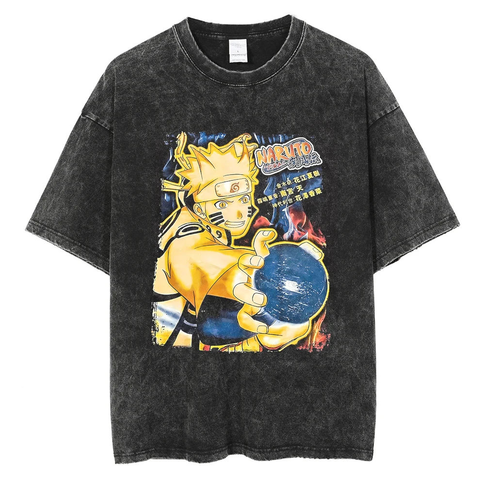 Men Washed TShirt Harajuku Streetwear Hip Hop Japanese Anime Naruto Graphic T Shirts Cotton Summer Short Sleeve Vintage Tops
