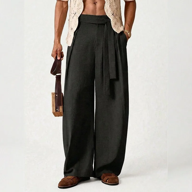 KIDWHXR Men Trousers Loose Mid Waist Breathable Male Suit Pant Vintage Pleated Straight Drawstring Business Casual Man Pant
