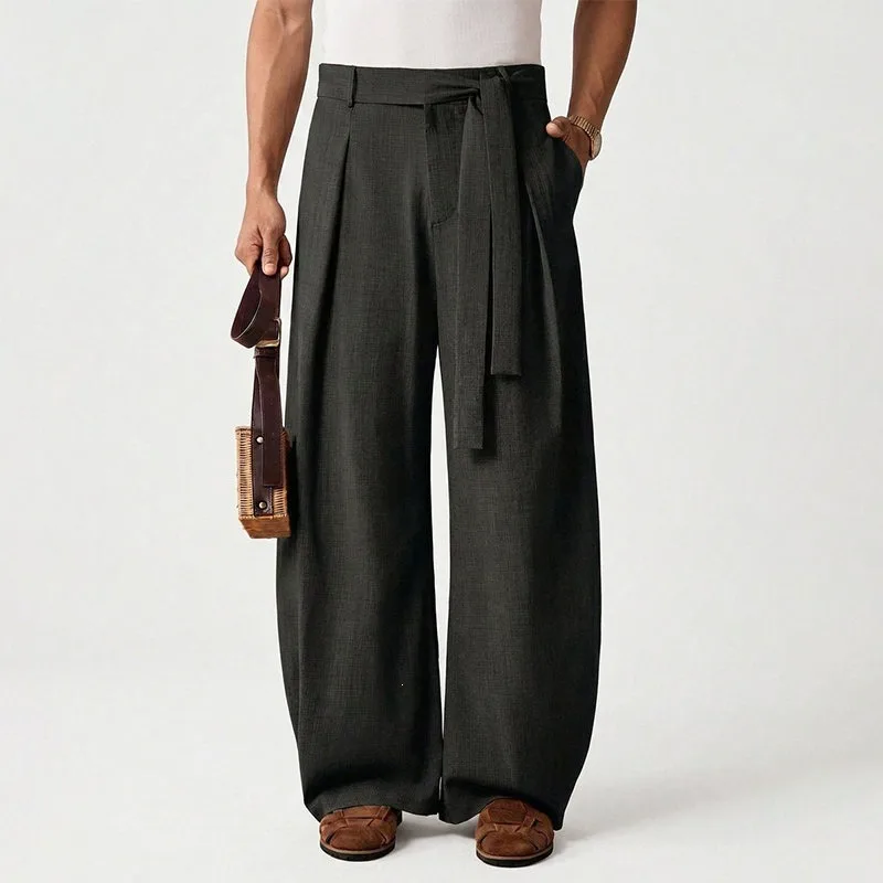 KIDWHXR Men Trousers Loose Mid Waist Breathable Male Suit Pant Vintage Pleated Straight Drawstring Business Casual Man Pant