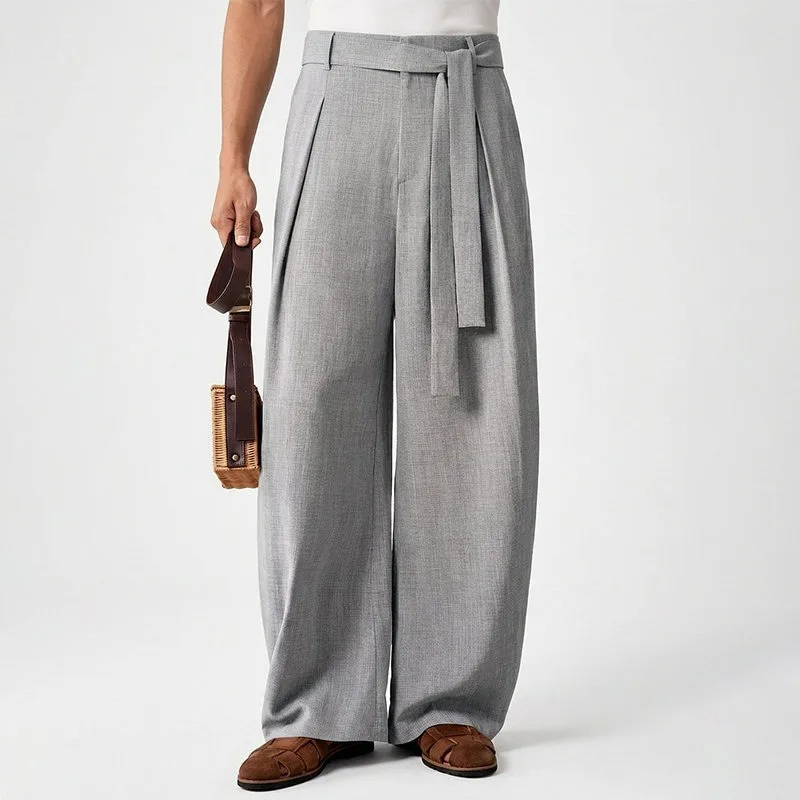 KIDWHXR Men Trousers Loose Mid Waist Breathable Male Suit Pant Vintage Pleated Straight Drawstring Business Casual Man Pant
