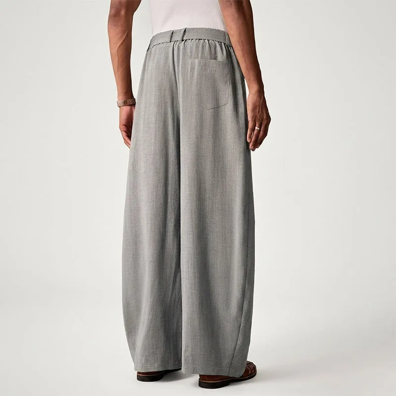 KIDWHXR Men Trousers Loose Mid Waist Breathable Male Suit Pant Vintage Pleated Straight Drawstring Business Casual Man Pant