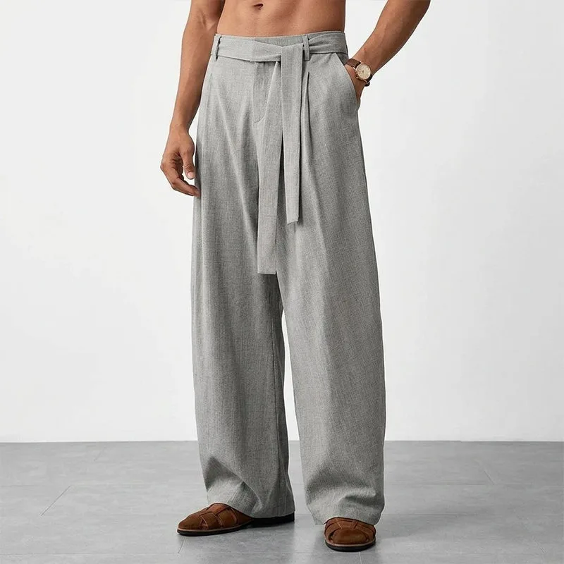KIDWHXR Men Trousers Loose Mid Waist Breathable Male Suit Pant Vintage Pleated Straight Drawstring Business Casual Man Pant