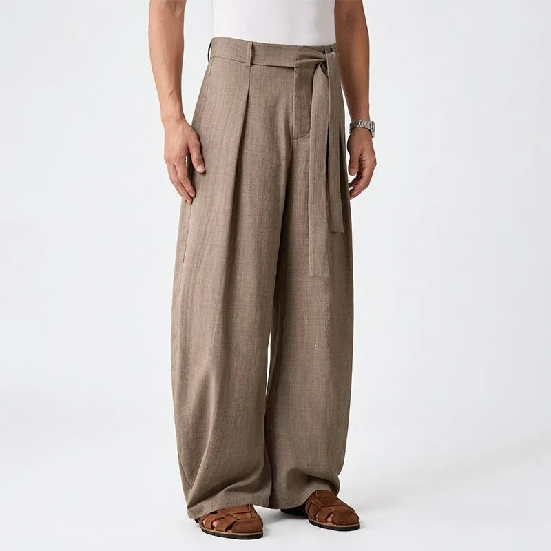 KIDWHXR Men Trousers Loose Mid Waist Breathable Male Suit Pant Vintage Pleated Straight Drawstring Business Casual Man Pant