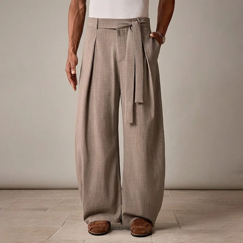 KIDWHXR Men Trousers Loose Mid Waist Breathable Male Suit Pant Vintage Pleated Straight Drawstring Business Casual Man Pant