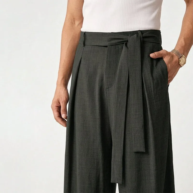 KIDWHXR Men Trousers Loose Mid Waist Breathable Male Suit Pant Vintage Pleated Straight Drawstring Business Casual Man Pant