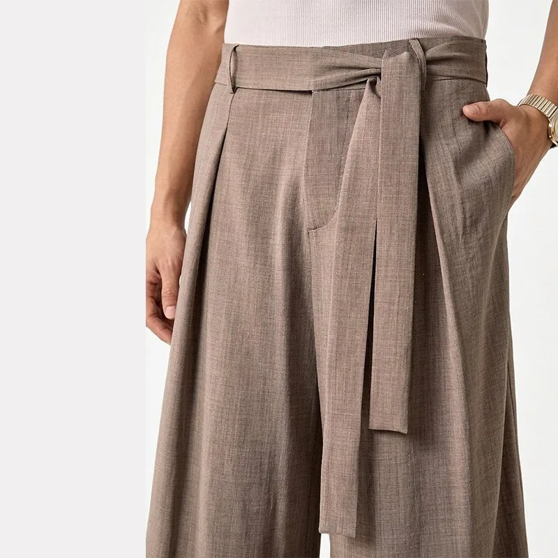 KIDWHXR Men Trousers Loose Mid Waist Breathable Male Suit Pant Vintage Pleated Straight Drawstring Business Casual Man Pant