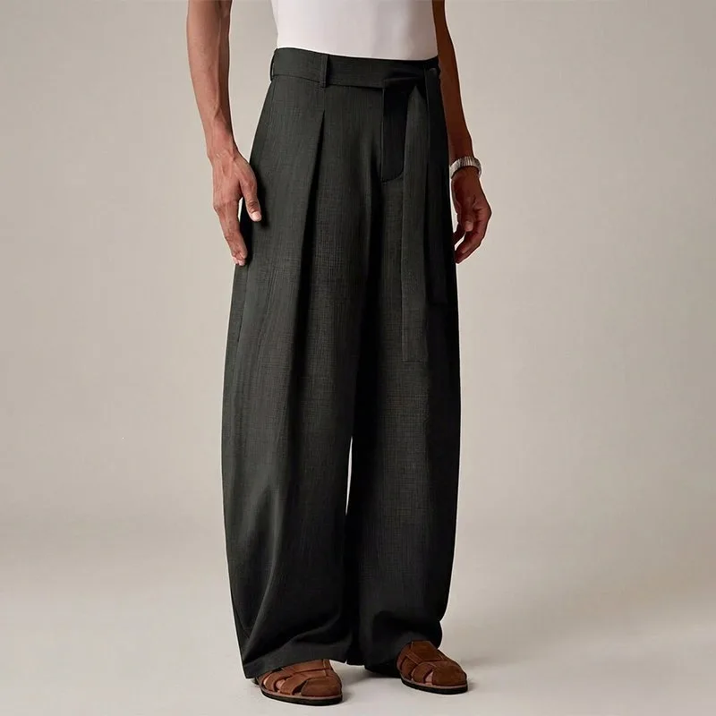 KIDWHXR Men Trousers Loose Mid Waist Breathable Male Suit Pant Vintage Pleated Straight Drawstring Business Casual Man Pant
