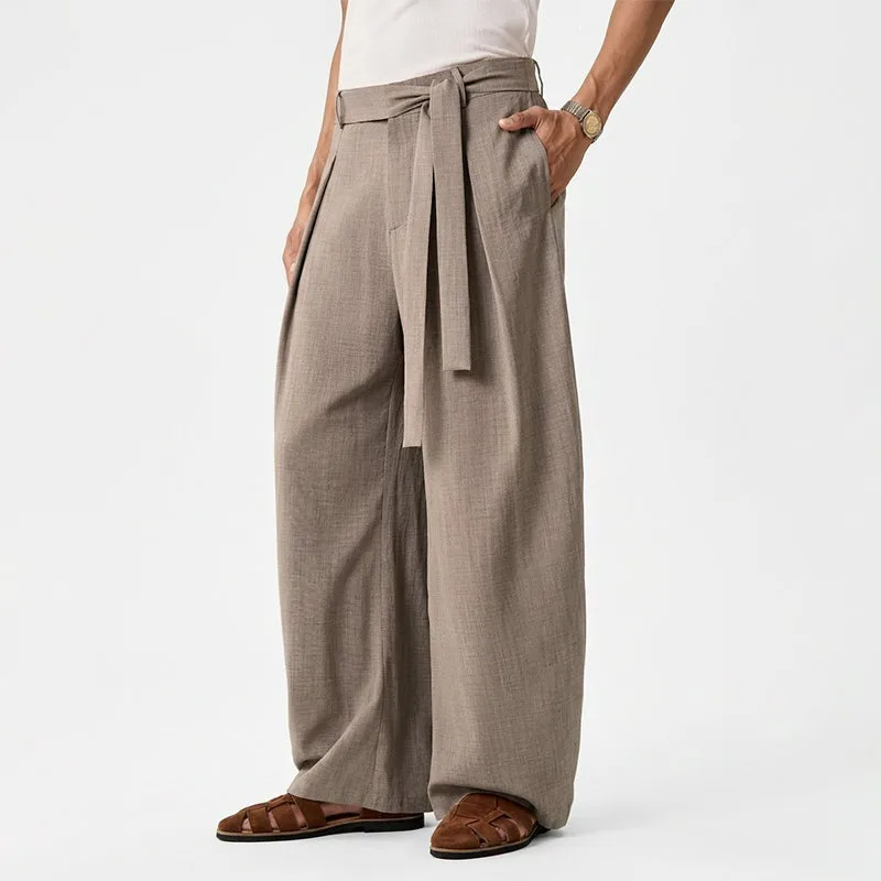 KIDWHXR Men Trousers Loose Mid Waist Breathable Male Suit Pant Vintage Pleated Straight Drawstring Business Casual Man Pant