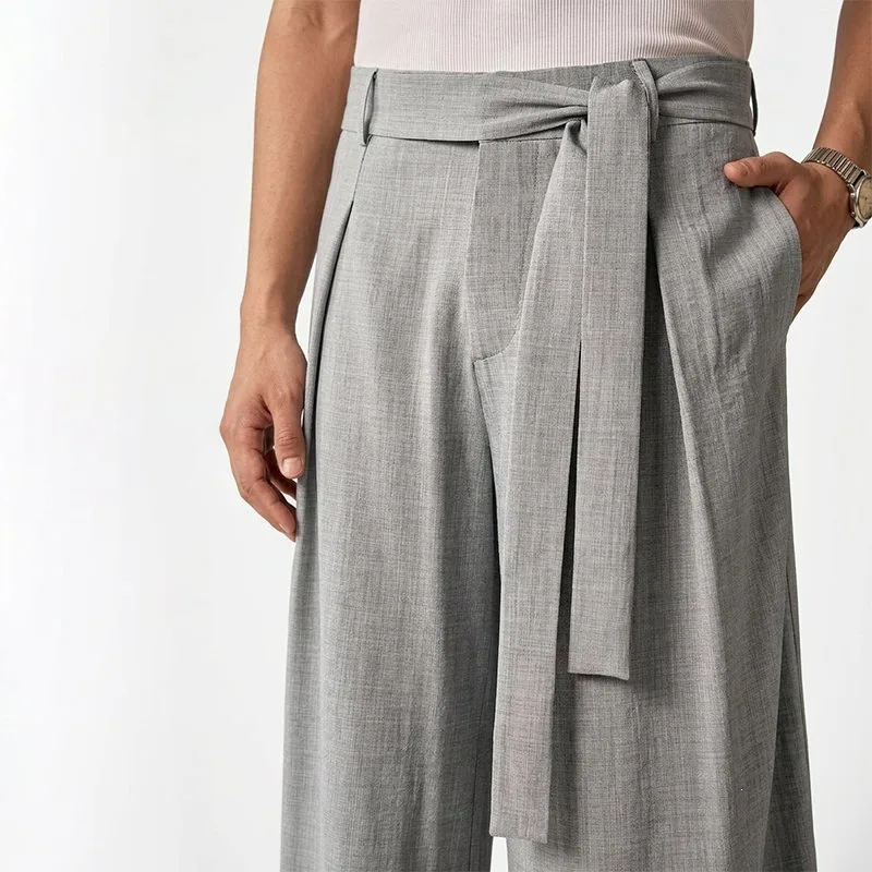 KIDWHXR Men Trousers Loose Mid Waist Breathable Male Suit Pant Vintage Pleated Straight Drawstring Business Casual Man Pant