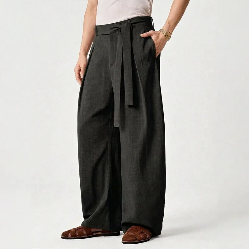 KIDWHXR Men Trousers Loose Mid Waist Breathable Male Suit Pant Vintage Pleated Straight Drawstring Business Casual Man Pant