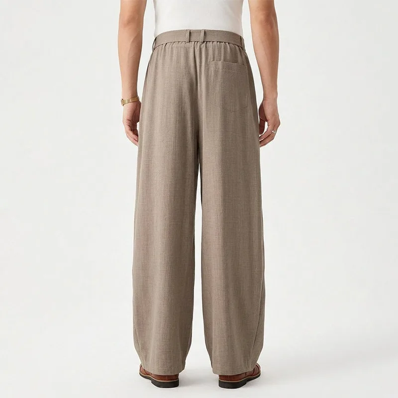 KIDWHXR Men Trousers Loose Mid Waist Breathable Male Suit Pant Vintage Pleated Straight Drawstring Business Casual Man Pant
